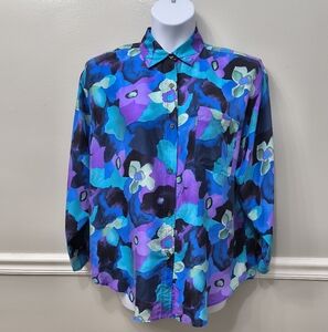 Vintage Kikomo Womans Silk Floral Multicolor  Blouse Large Art To Wear Tiny Flaw